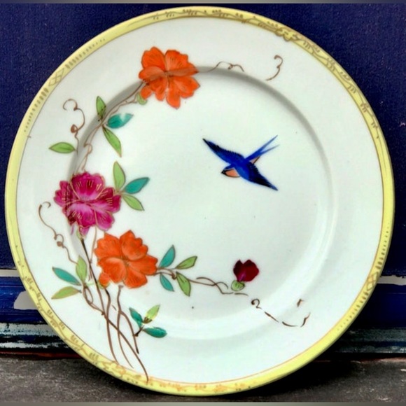 Early 1900s Antique HAND PAINTED NIPPON  Gold Trim Floral Bird Salad Plate - Picture 7 of 10